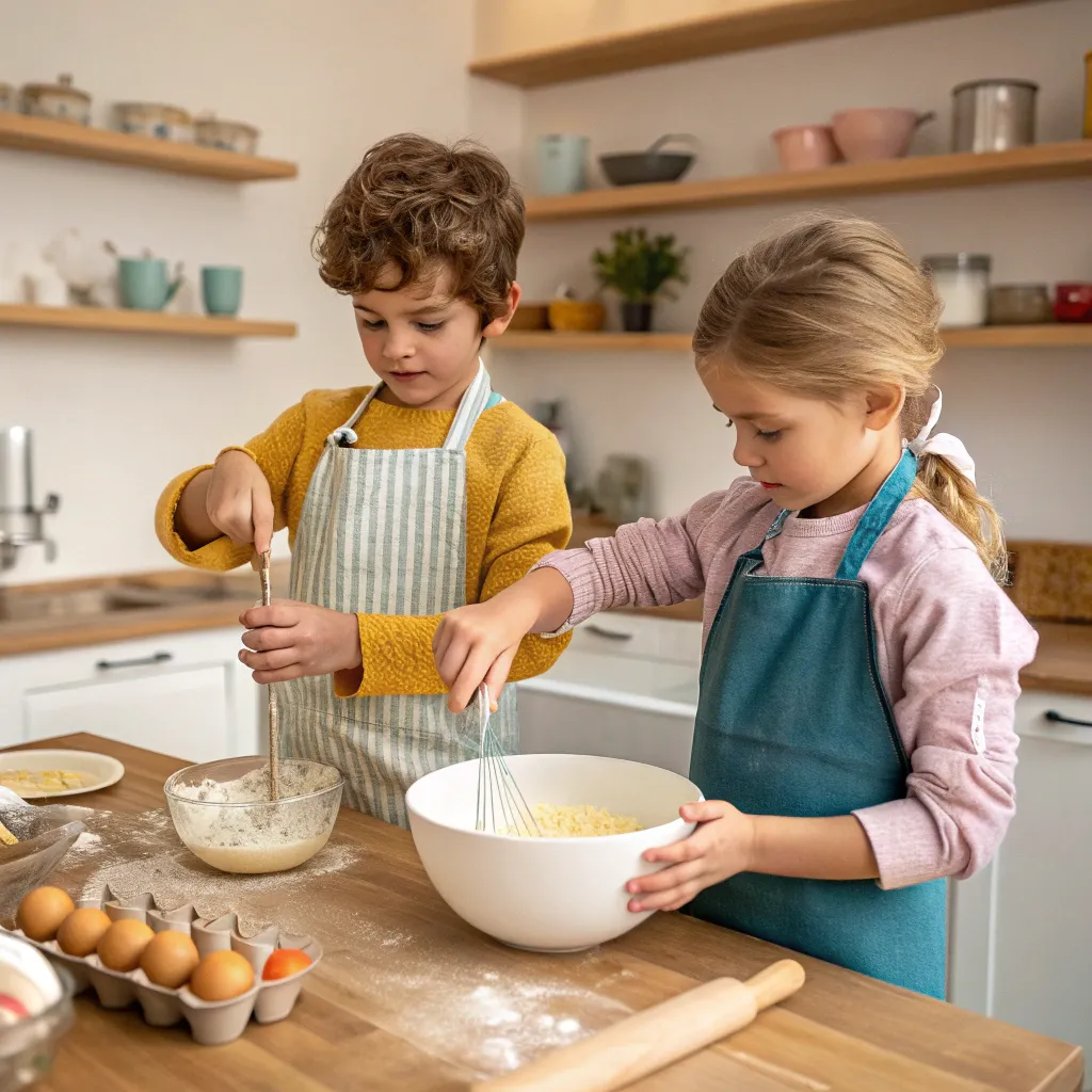 Children baking together in a cozy kitchen